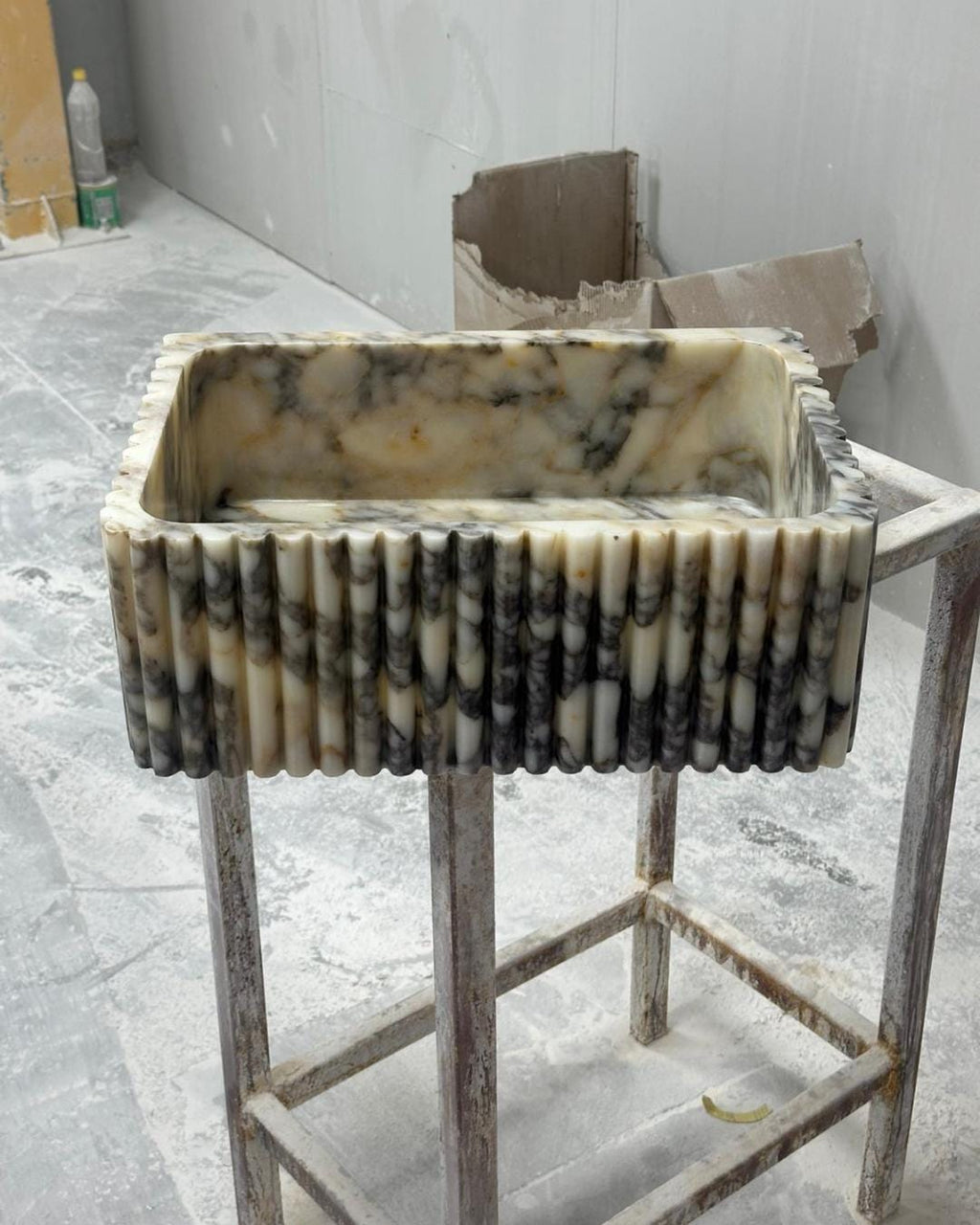 Calacatta Viola Marble Sink, Fluted Vessel Basin, Custom Size Wall Mounted Bathroom Sink, Hand Carved Stone Vanity