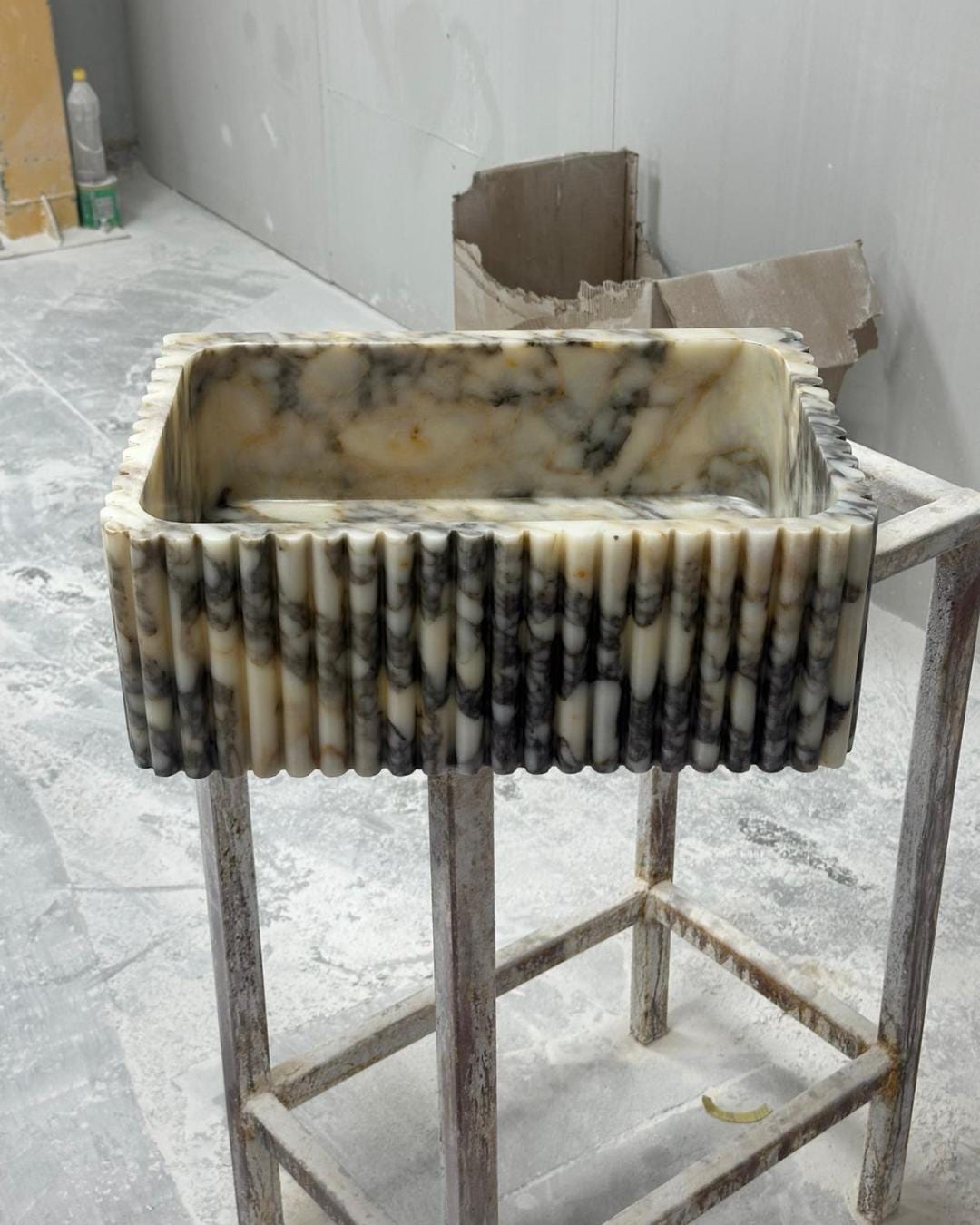 Calacatta Viola Marble Sink, Fluted Vessel Basin, Custom Size Wall Mounted Bathroom Sink, Hand Carved Stone Vanity
