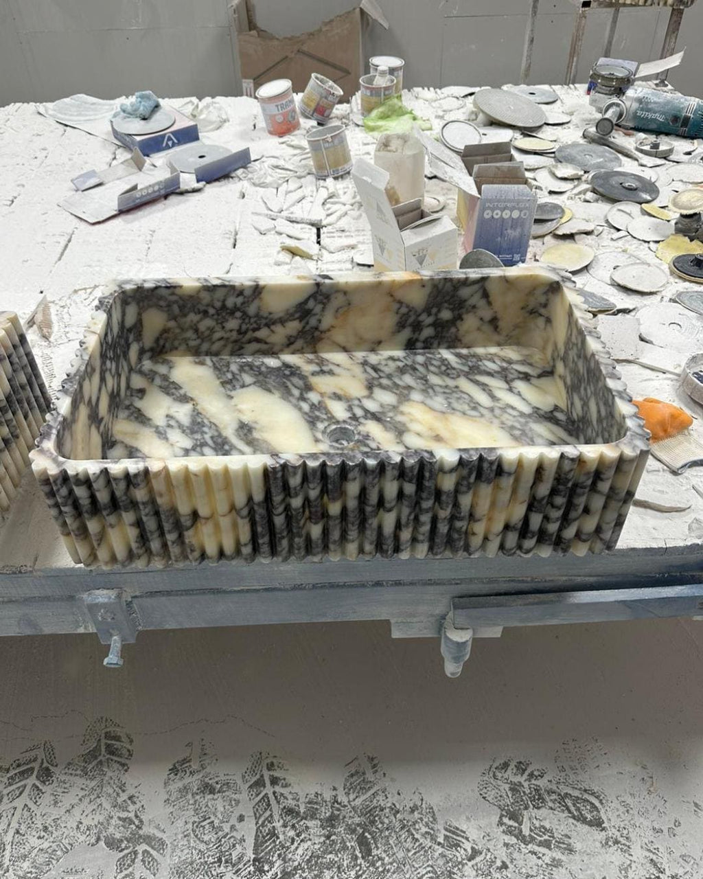 Calacatta Viola Marble Sink, Fluted Vessel Basin, Custom Size Wall Mounted Bathroom Sink, Hand Carved Stone Vanity