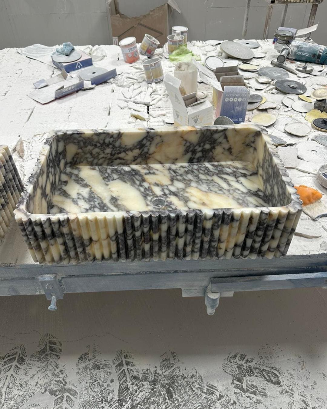 Calacatta Viola Marble Sink, Fluted Vessel Basin, Custom Size Wall Mounted Bathroom Sink, Hand Carved Stone Vanity
