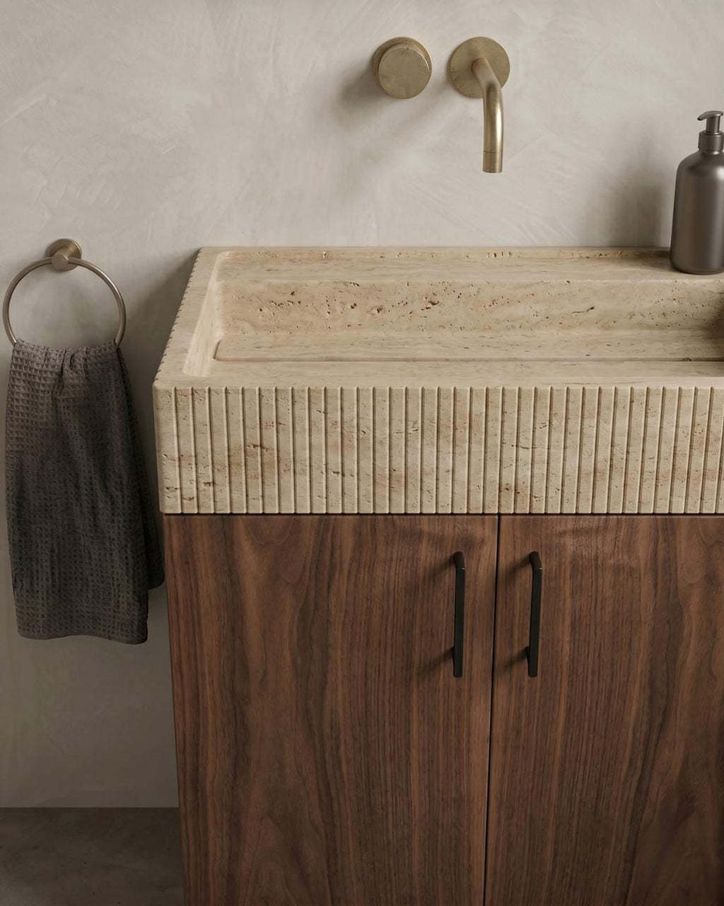 Travertine Floating Vanity, Fluted Sink, Wood Cabinet, Wall Mounted Bathroom Furniture