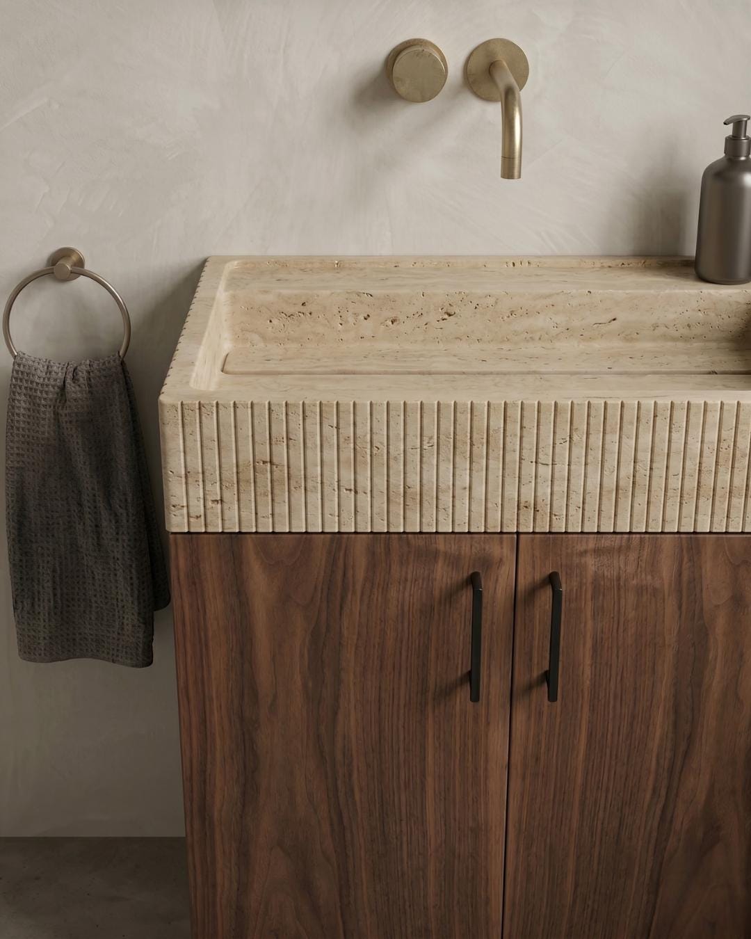 Travertine Floating Vanity, Fluted Sink, Wood Cabinet, Wall Mounted Bathroom Furniture