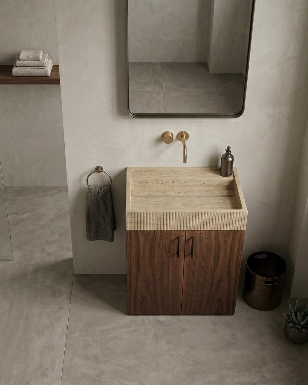 Travertine Floating Vanity, Fluted Sink, Wood Cabinet, Wall Mounted Bathroom Furniture