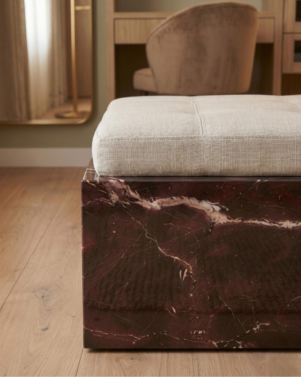 Rosso Levanto Marble Bench with Cushion, Red Marble Ottoman, Luxury Upholstered Bedroom Bench, Custom Stone Furniture