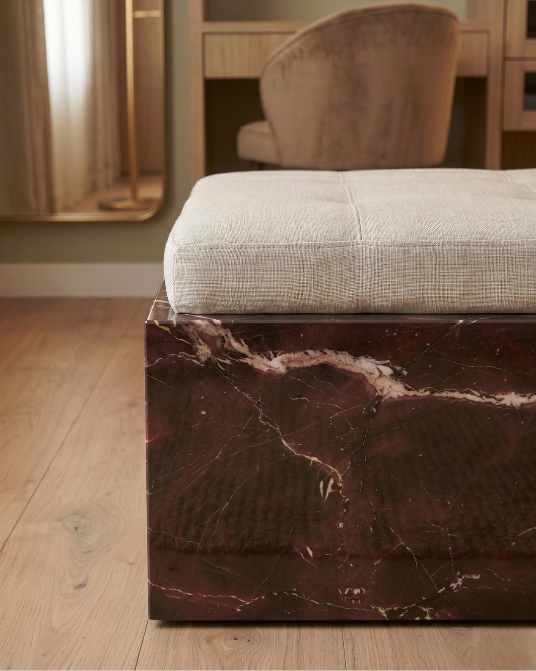 Rosso Levanto Marble Bench with Cushion, Red Marble Ottoman, Luxury Upholstered Bedroom Bench, Custom Stone Furniture