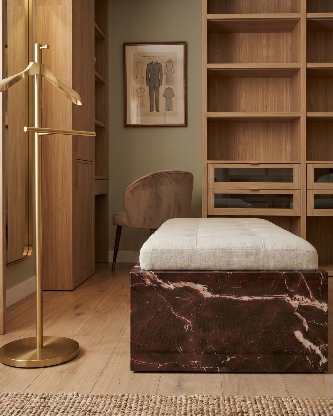Rosso Levanto Marble Bench with Cushion, Red Marble Ottoman, Luxury Upholstered Bedroom Bench, Custom Stone Furniture