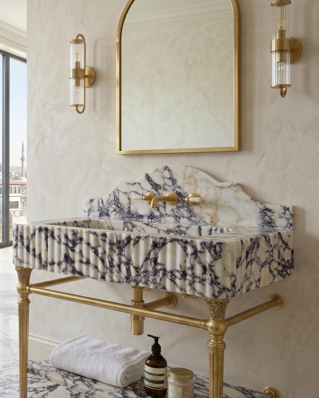 Calacatta Viola Marble Sink with Backsplash, Wall Mounted Bathroom Basin, Hand Carved Natural Stone Washbasin, Custom Size