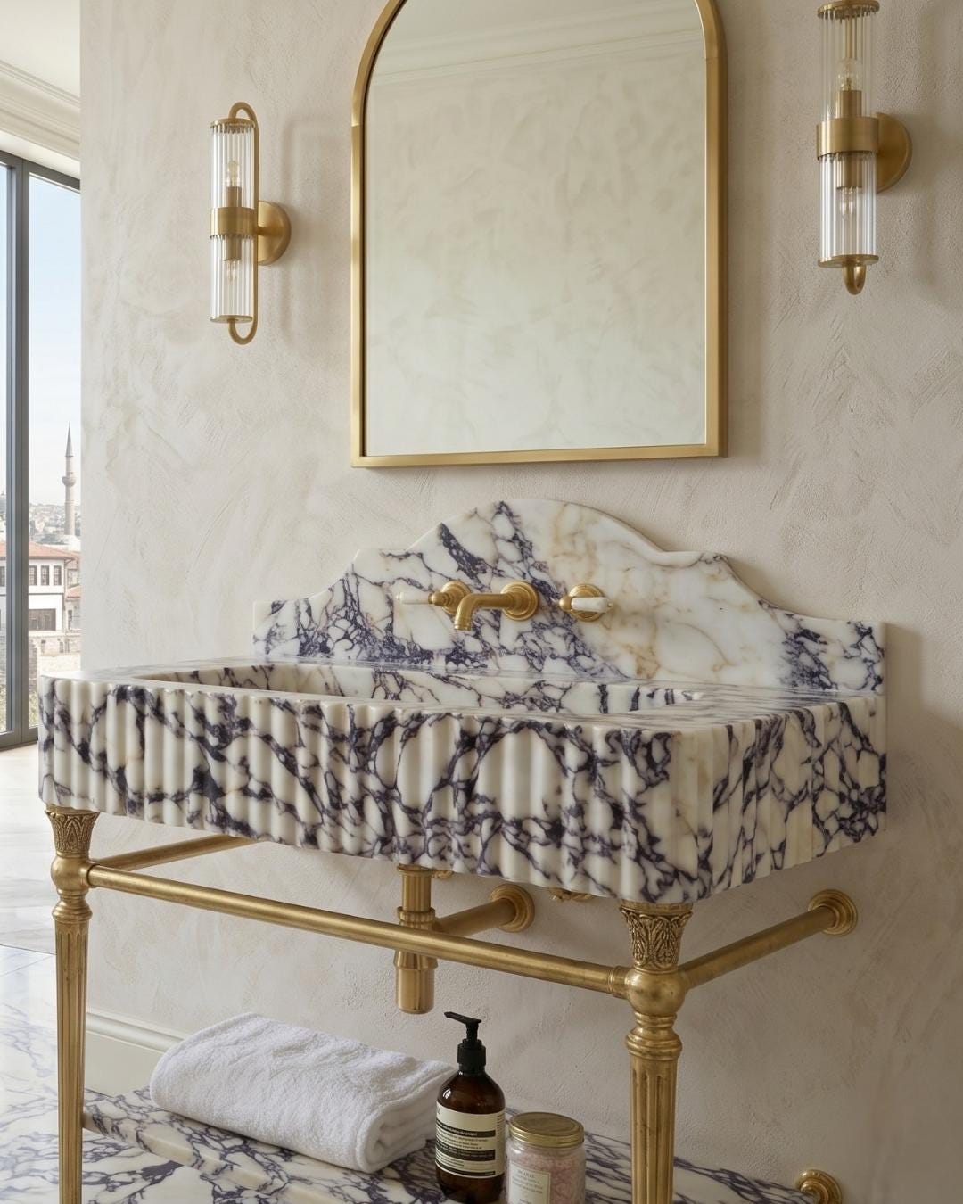 Calacatta Viola Marble Sink with Backsplash, Wall Mounted Bathroom Basin, Hand Carved Natural Stone Washbasin, Custom Size