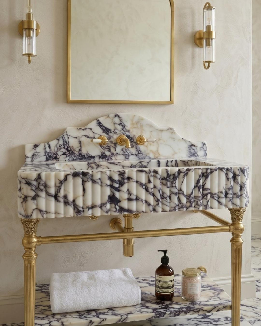 Calacatta Viola Marble Sink with Backsplash, Wall Mounted Bathroom Basin, Hand Carved Natural Stone Washbasin, Custom Size