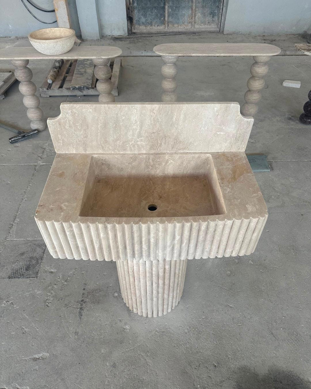 Fluted Travertine Pedestal Sink, Handmade Natural Stone Vanity, Luxury Freestanding Bathroom Washbasin