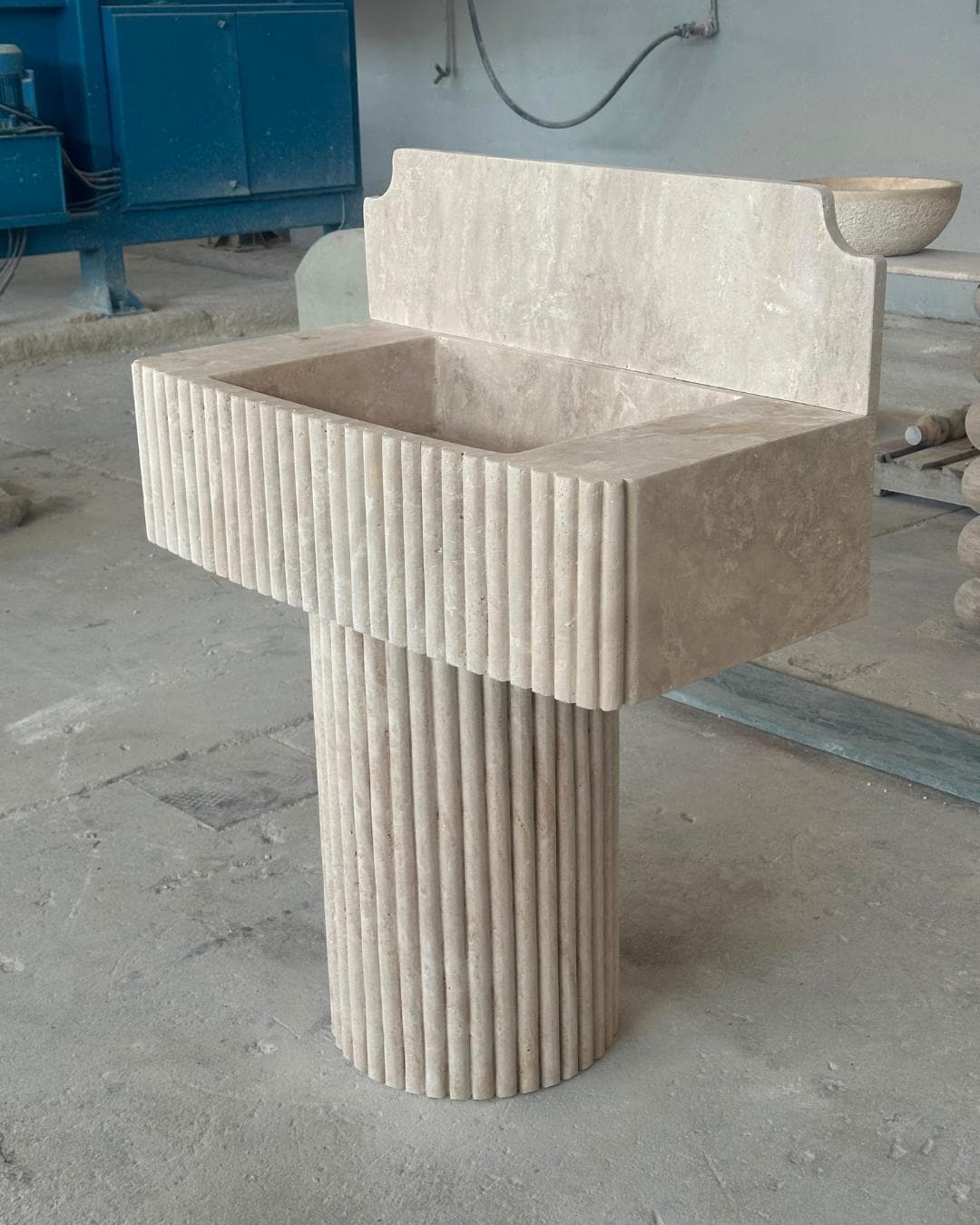 Fluted Travertine Pedestal Sink, Handmade Natural Stone Vanity, Luxury Freestanding Bathroom Washbasin