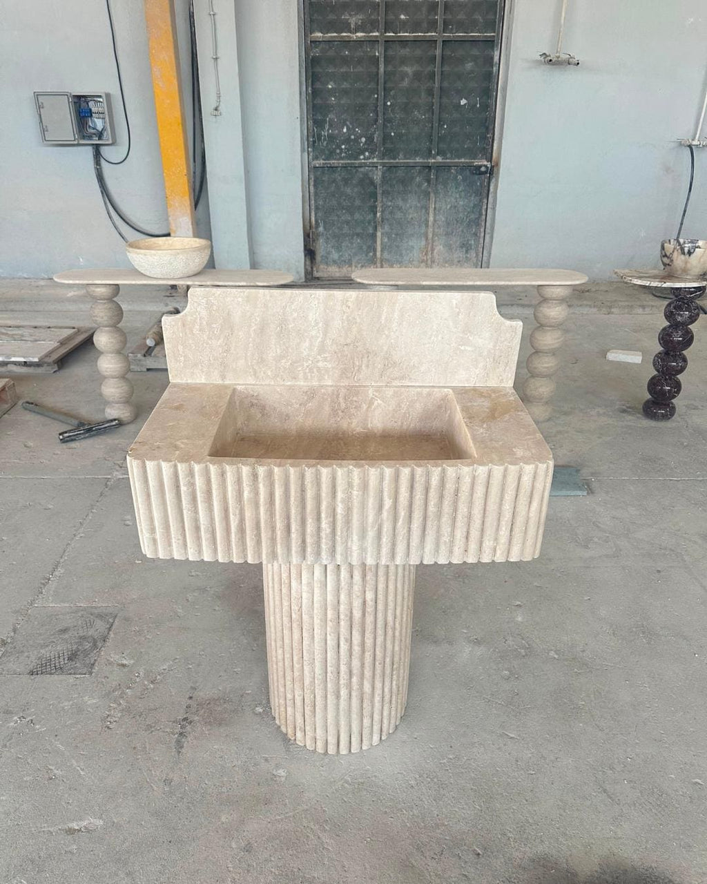 Fluted Travertine Pedestal Sink, Handmade Natural Stone Vanity, Luxury Freestanding Bathroom Washbasin