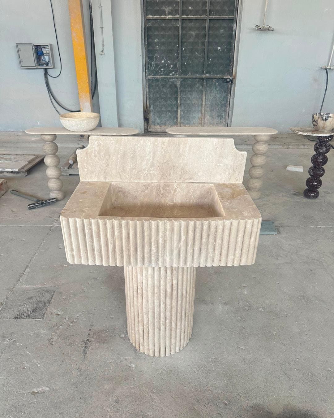 Fluted Travertine Pedestal Sink, Handmade Natural Stone Vanity, Luxury Freestanding Bathroom Washbasin