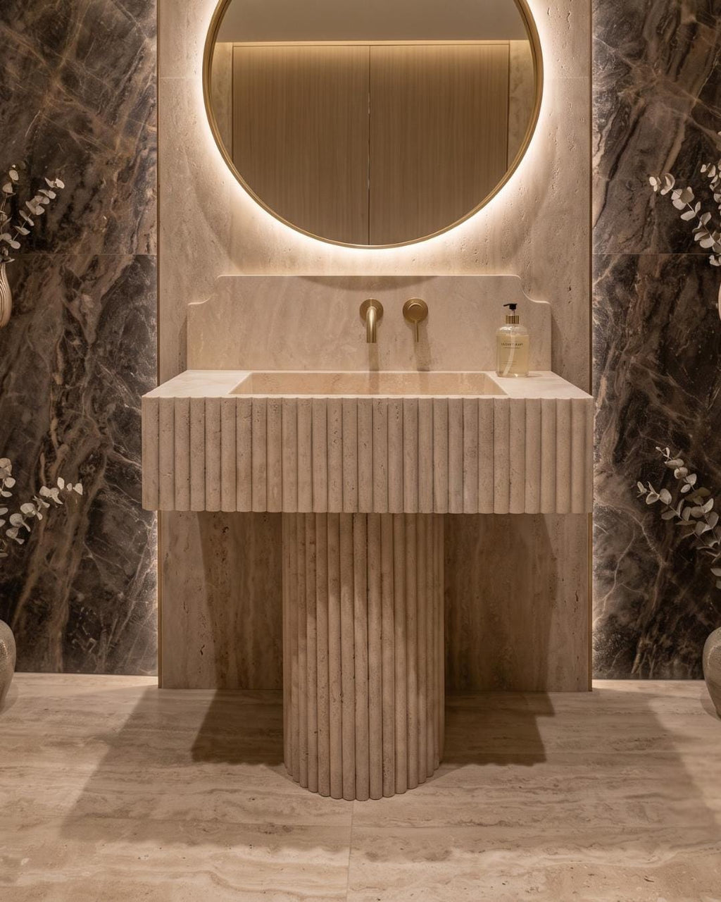 Fluted Travertine Pedestal Sink, Handmade Natural Stone Vanity, Luxury Freestanding Bathroom Washbasin