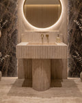 Fluted Travertine Pedestal Sink, Handmade Natural Stone Vanity, Luxury Freestanding Bathroom Washbasin