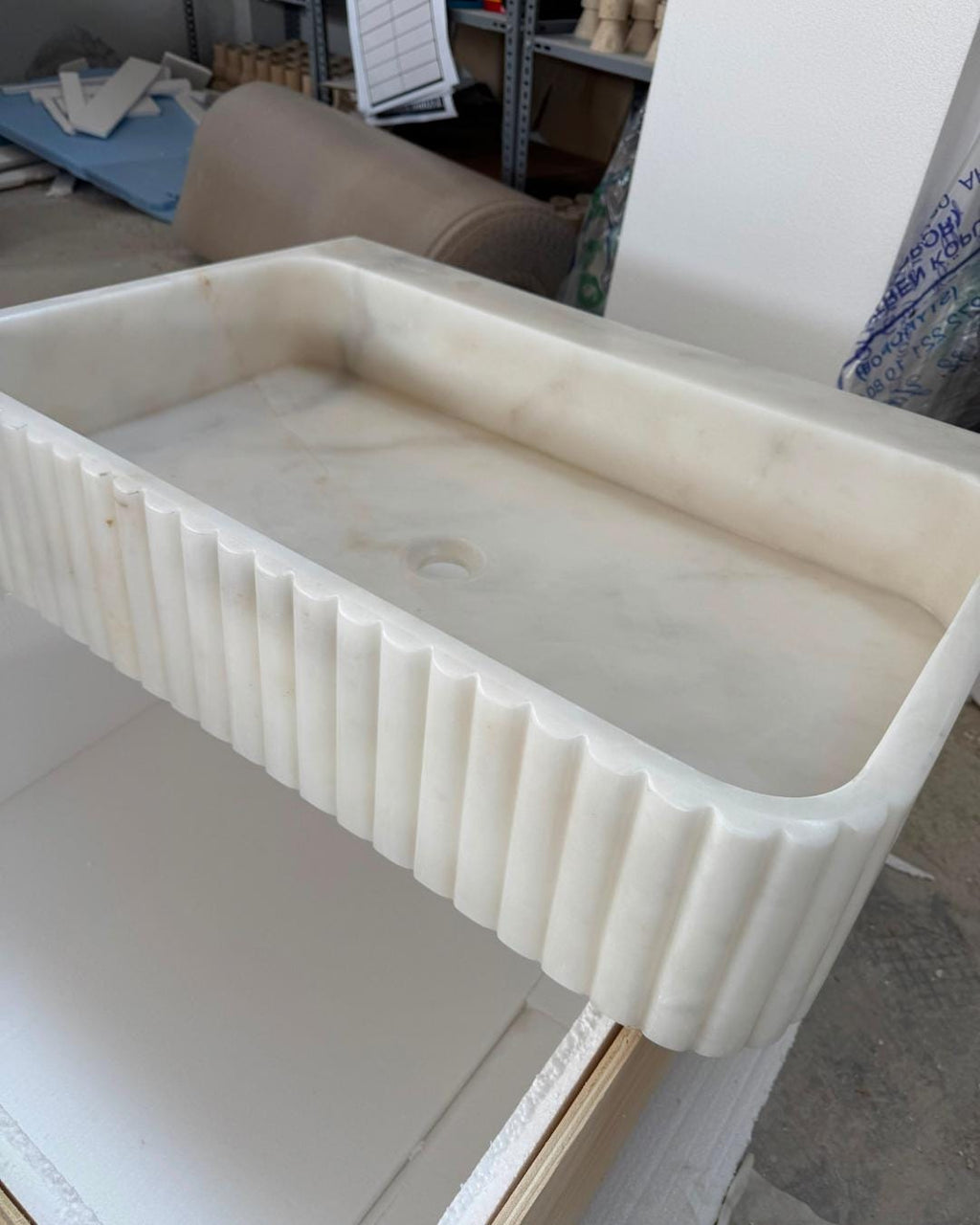 Carrara Marble Sink, Fluted Vessel Basin, Custom Wall Mounted Bathroom Sink