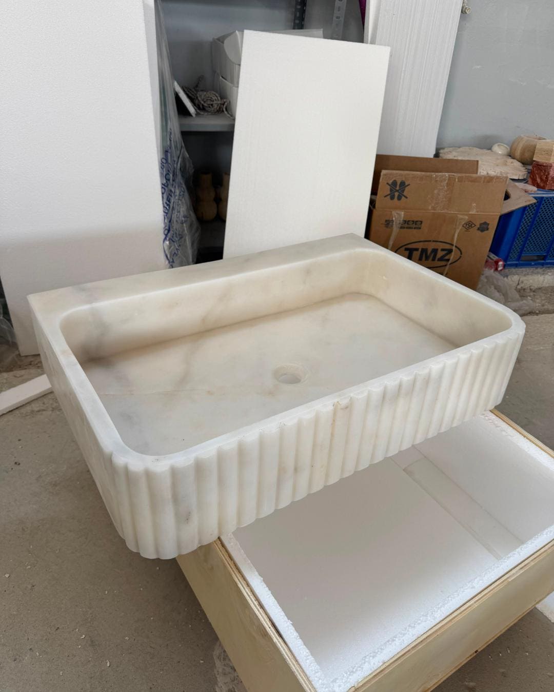 Carrara Marble Sink, Fluted Vessel Basin, Custom Wall Mounted Bathroom Sink
