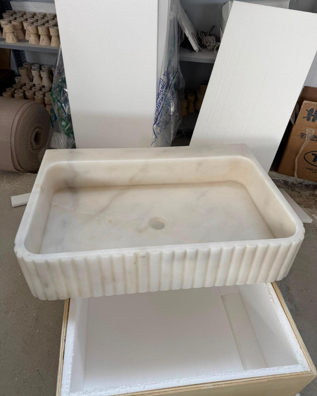 Carrara Marble Sink, Fluted Vessel Basin, Custom Wall Mounted Bathroom Sink