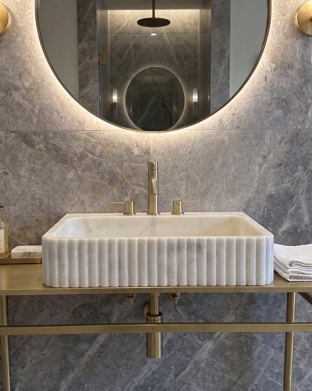 Carrara Marble Sink, Fluted Vessel Basin, Custom Wall Mounted Bathroom Sink