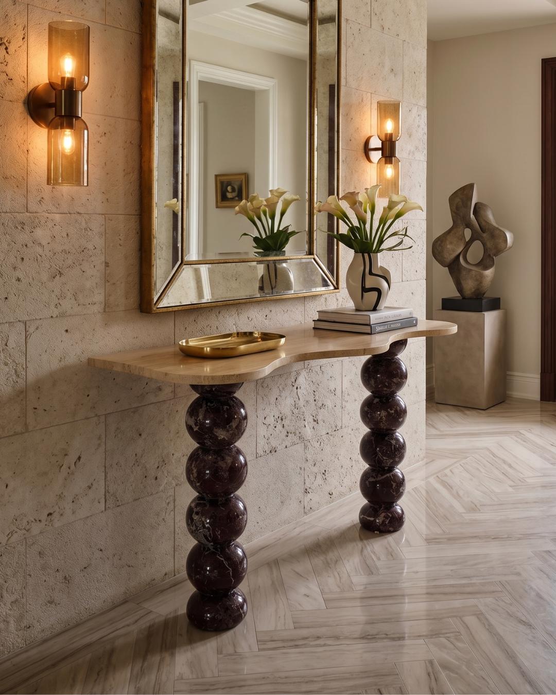 Handmade Rosso Levanto Travertine Marble Console Table, Modern Entryway Table Luxury Home Furniture Dresser