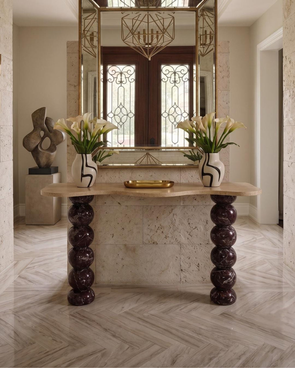 Handmade Rosso Levanto Travertine Marble Console Table, Modern Entryway Table Luxury Home Furniture Dresser