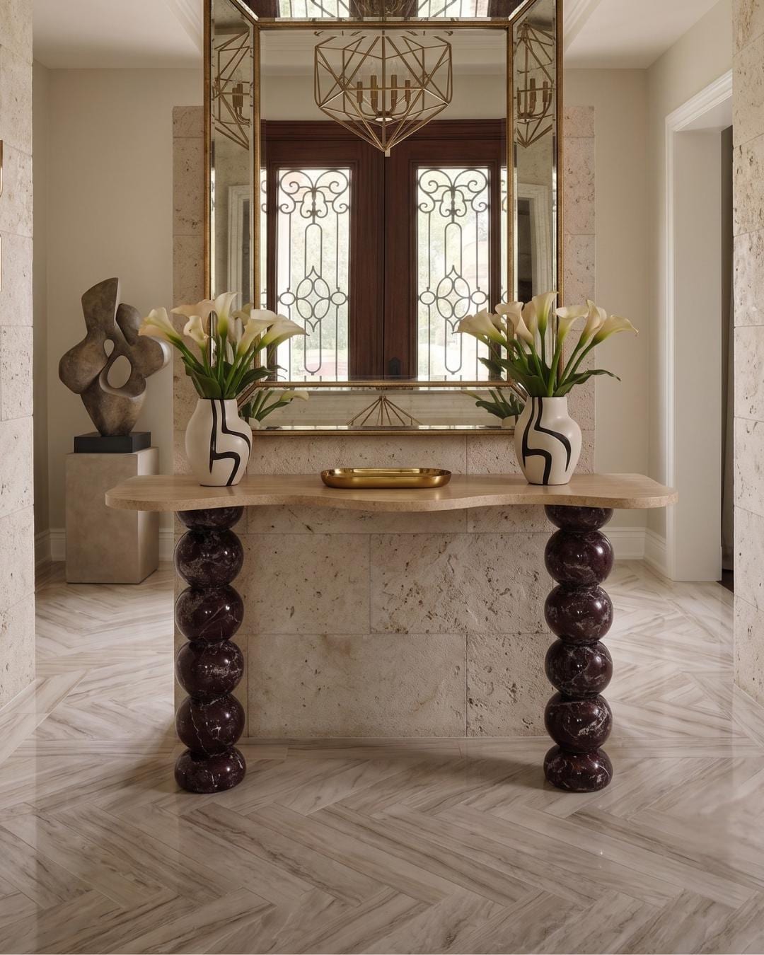 Handmade Rosso Levanto Travertine Marble Console Table, Modern Entryway Table Luxury Home Furniture Dresser
