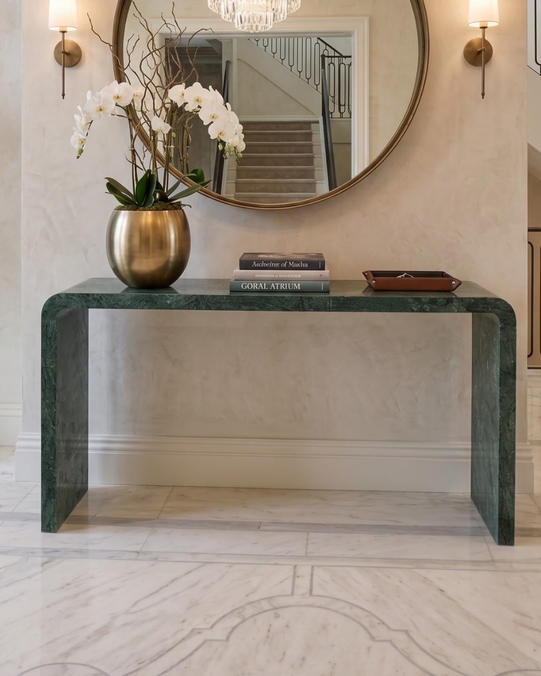 Green Marble Console Table, Handmade Natural Stone Entryway Table, Modern Waterfall Hallway Table, Luxury Narrow Sofa Table