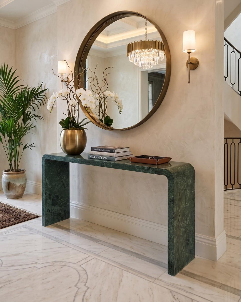 Green Marble Console Table, Handmade Natural Stone Entryway Table, Modern Waterfall Hallway Table, Luxury Narrow Sofa Table
