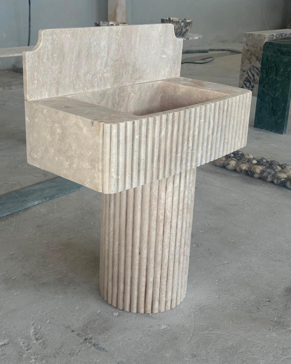 Fluted Travertine Pedestal Sink, Handmade Natural Stone Vanity, Luxury Freestanding Bathroom Washbasin
