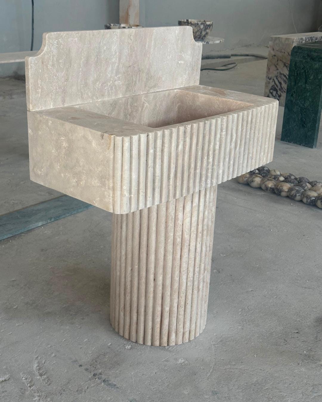 Fluted Travertine Pedestal Sink, Handmade Natural Stone Vanity, Luxury Freestanding Bathroom Washbasin