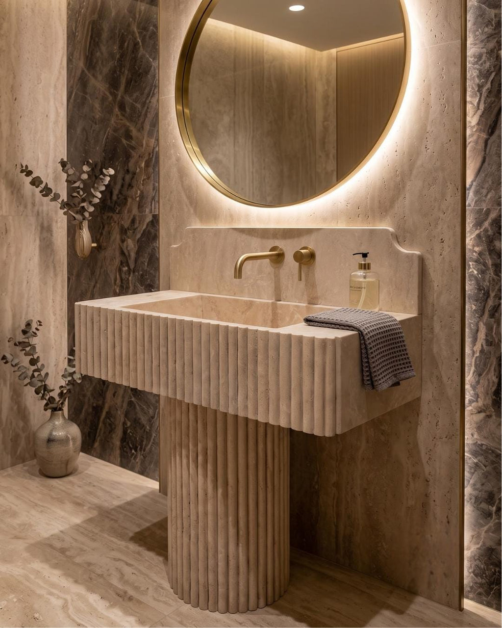 Fluted Travertine Pedestal Sink, Handmade Natural Stone Vanity, Luxury Freestanding Bathroom Washbasin