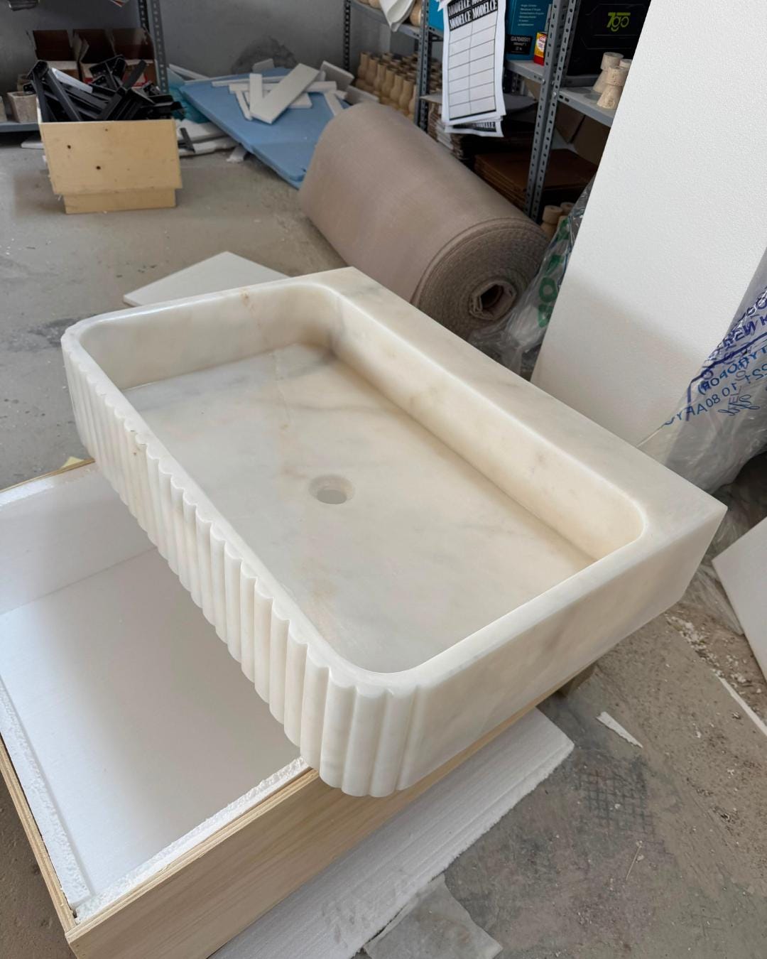 Carrara Marble Sink, Fluted Vessel Basin, Custom Wall Mounted Bathroom Sink