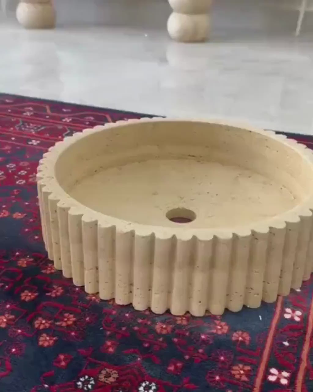 Handmade Travertine Round Fluted Sink Luxury Natural Stone Bathroom Vanity Basin