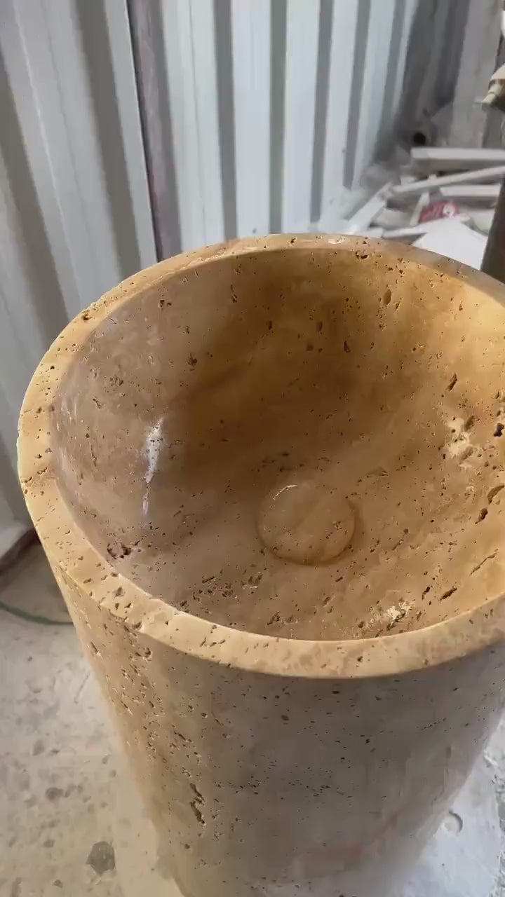 Travertine Tall Round Natural Stone Sink: Handmade Custom Size Luxury Bathroom Vanity
