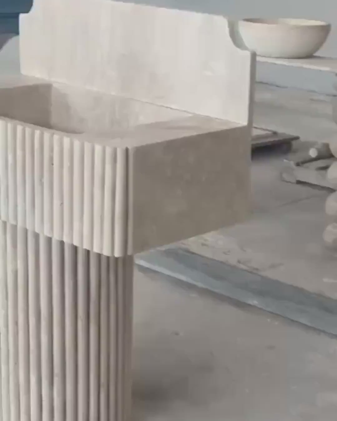 Fluted Travertine Pedestal Sink, Handmade Natural Stone Vanity, Luxury Freestanding Bathroom Washbasin