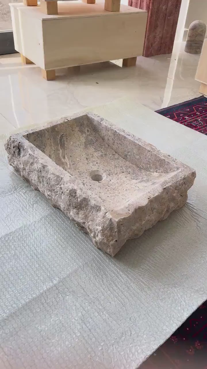 Handcrafted Silver Travertine Vessel Sink – Rustic Natural Stone Bathroom Basin