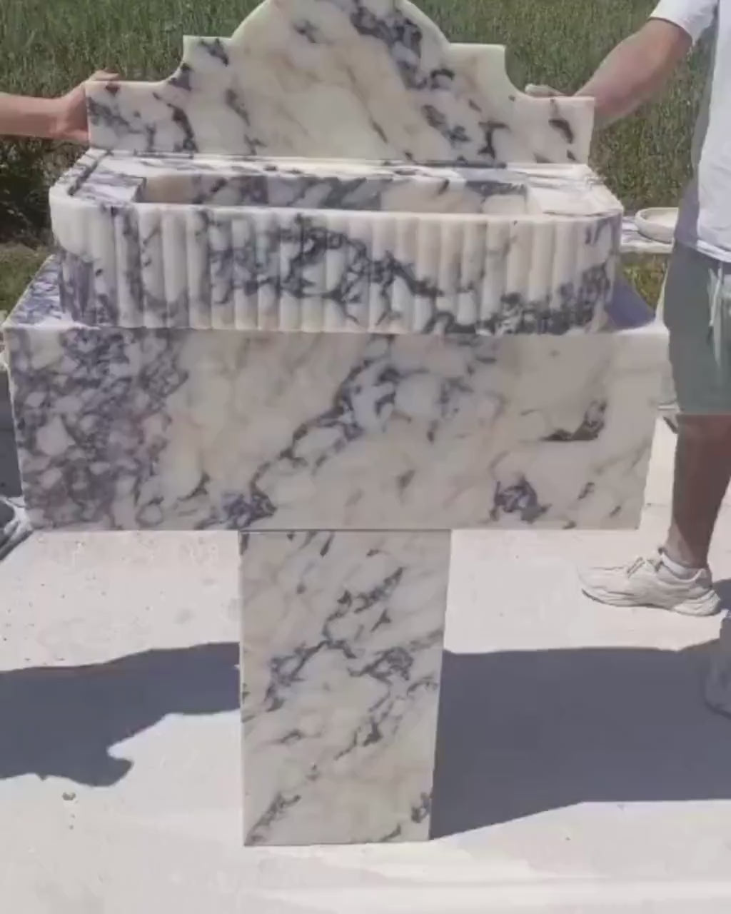Fluted Calacatta Viola Marble Sink: Handmade Wall Mounted Vanity Basin