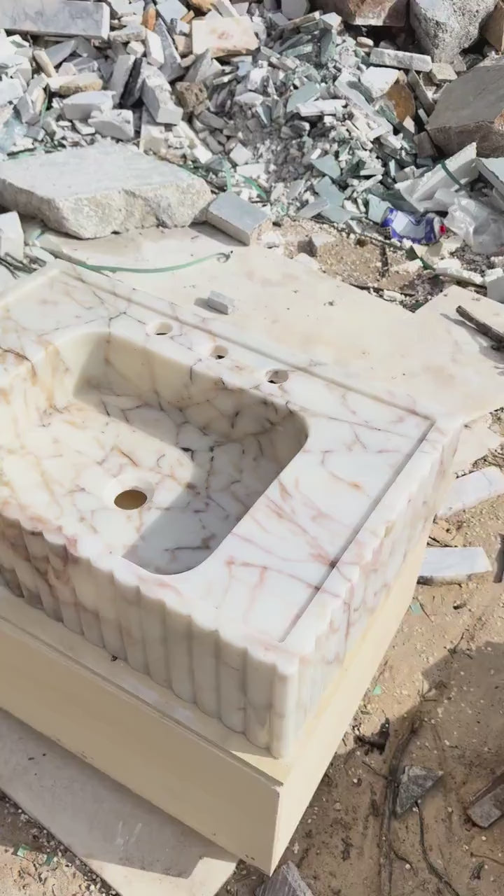 Hand Carved Calacatta Gold Marble Sink, Luxury Wall Mount Vanity Basin